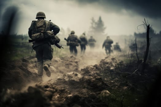 Soldiers on the battlefield in war, AI Generative.