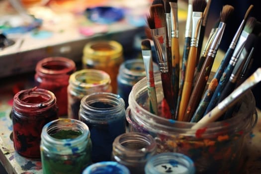 Artistic equipment, easel, paint brushes, tubes of paint, in a artist studio, AI Generative.