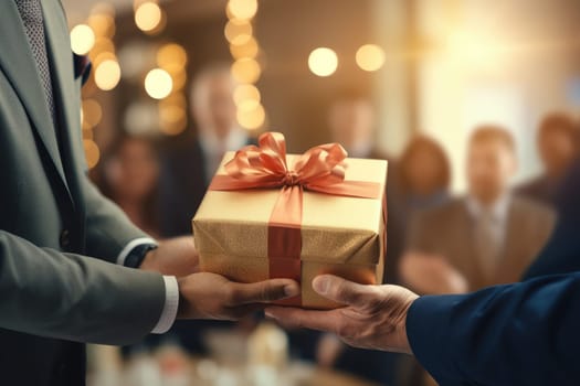Close up view of hands Giving a business gift in an office AI Generative.