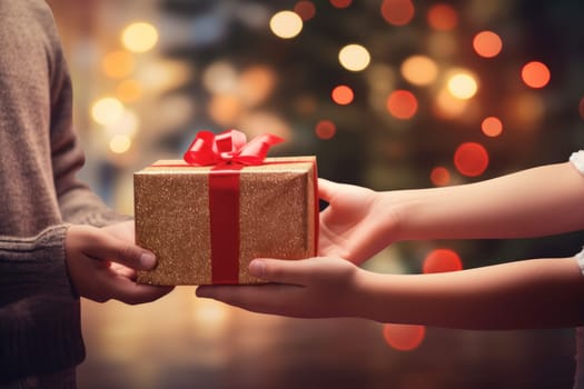 Hands of parent giving Christmas gift on Christmas tree background.