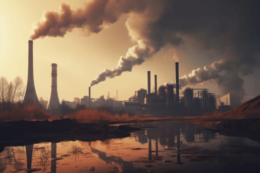 Industrial factory pollution, smokestack exhaust gases, bad atmosphere.