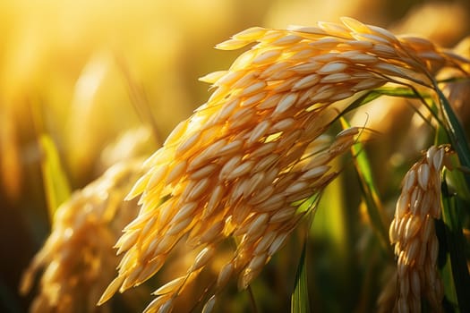 Ear of rice, Rice field, Closeup of yellow paddy rice field with green leaf and Sunlight in the morning time..