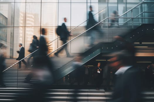 Blurred business people walking up and down stair outside office in fast movement.