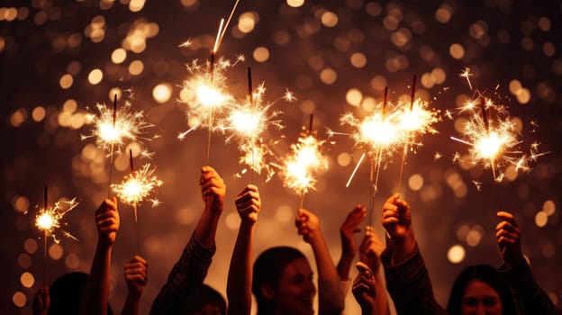 people holding sparklers at the party together stock photo.