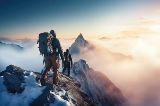 Snowy foggy mountain climbers, 2 climbers climb to the top of snowy mountain, hiking, AI Generative.