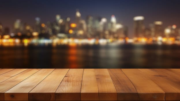 Blank wood tabletop with blurred night city skyline and river, showcase, nightlife, AI Generative.