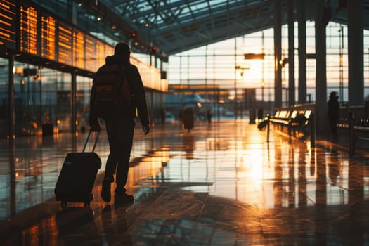 Traveling by airplane. Man walking with backpack and suitcase walking through airport terminal.