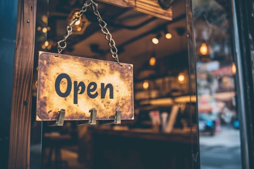 OPEN Sign board on cafe or restaurant hang on door at entrance, Vintage color tone style..