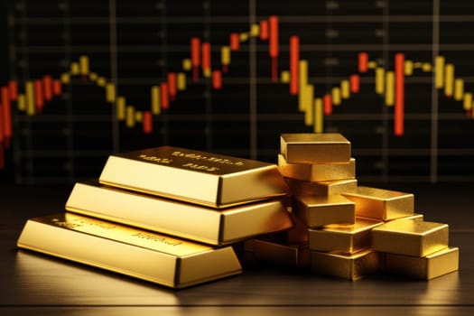 Gold bar resting investment on a stocks graph representing, AI Generative.