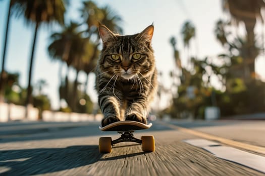 Skateboarding cat. Funny cat rides skateboard on the street in summer city.