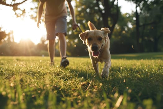 A friendly Dog happily plays fetch with its owner in a lush green park, friendship with animals.