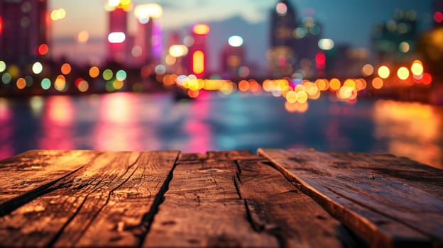 Blank wood tabletop with blurred night city skyline and river, showcase, nightlife,.
