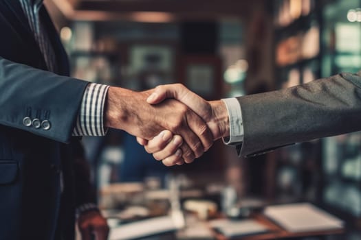 Photo of Businessman shaking hands in workroom.