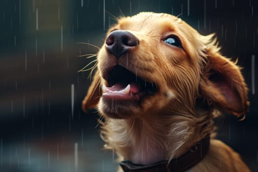 A puppy with floppy ears trying to catch the raindrops with its tongue.