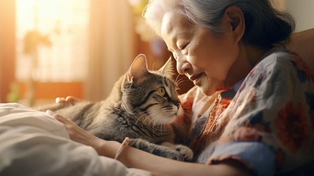 Older elderly with pet, An aged woman hugs her beloved cat, Portrait selective focus, AI Generative.