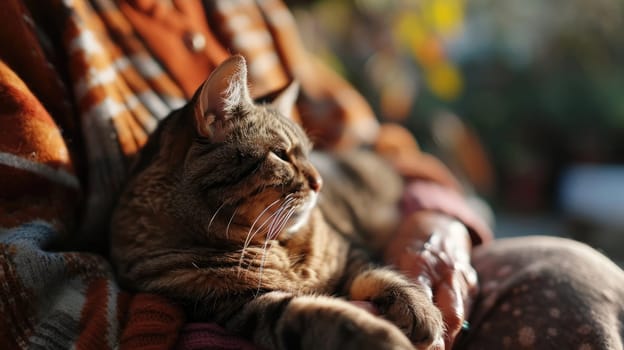 Portrait Older elderly with pet, An aged woman hugs her beloved cat.
