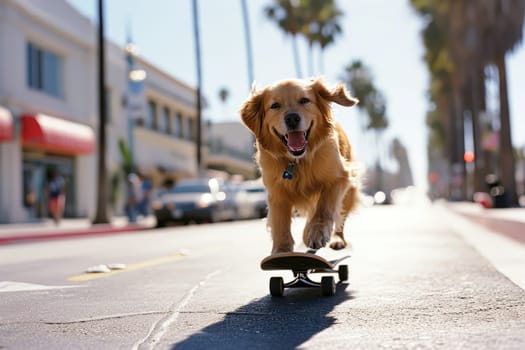 Skateboarding dog. Funny dog rides skateboard on the street in summer city.