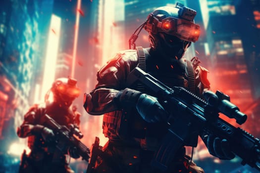 Futuristic special force soldiers, Cyberpunk warrior portrait in neon light background.