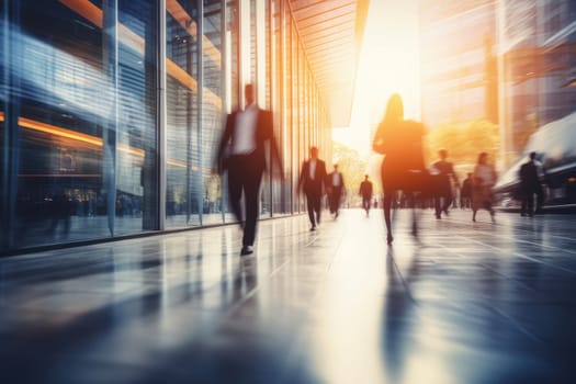 Blurred image of an office hallway with many business people walking in opposite directions.