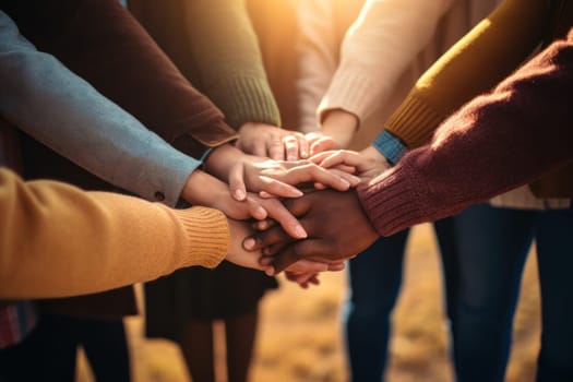 No room for racism, Many hands of different races and ethnicities. United for equality.