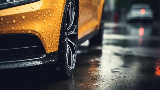 Car wet, A car in the rain the focus is on the tires, Close-up of car tires on wet, AI Generative.
