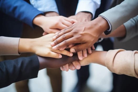 Multiracial business team putting hands on top of each other AI Generative.