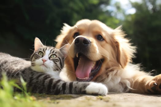 Close up cat and dog together lying, AI Generative.
