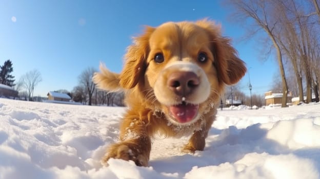 Fisheye portrait of dog on snow covered field, AI Generative.