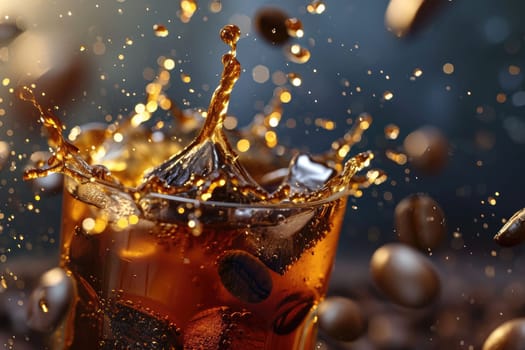 Cold coffee drink with ice, Beans and splash, Close up banner.