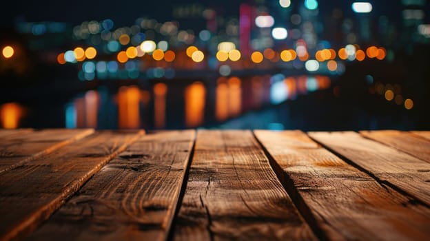 Blank wood tabletop with blurred night city skyline and river, showcase, nightlife,.