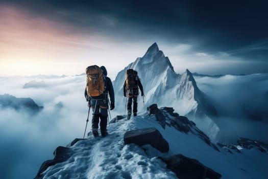 Snowy foggy mountain climbers, 2 climbers climb to the top of snowy mountain, hiking, AI Generative.