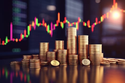 Financial graph with stock market uptrend line graph and background of coins.