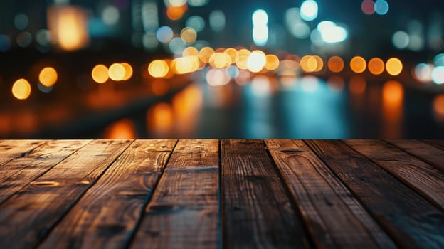 Blank wood tabletop with blurred night city skyline and river, showcase, nightlife,.