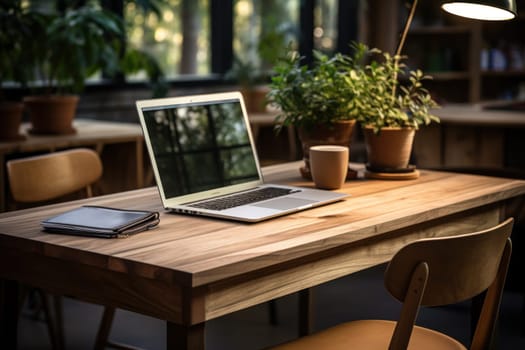 A closed laptop on a wooden desk in modern coffee cafe.