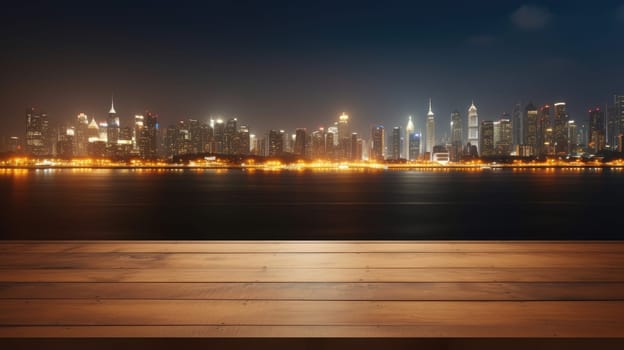 Blank wood tabletop with blurred night city skyline and river, showcase, nightlife, AI Generative.
