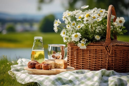 Photo of Picnic set with flowers in the garden countryside.