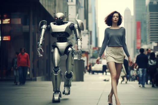 Woman walking with disco robot cyberpunk 1980s fashion photography.