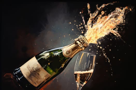 Champagne bottle and wine glass illustration.