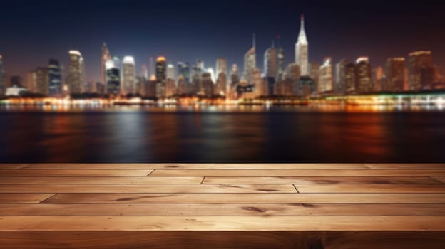 Blank wood tabletop with blurred night city skyline and river, showcase, nightlife, AI Generative.