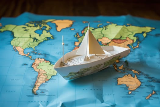 Paper boat on the world map paper, travel concept.