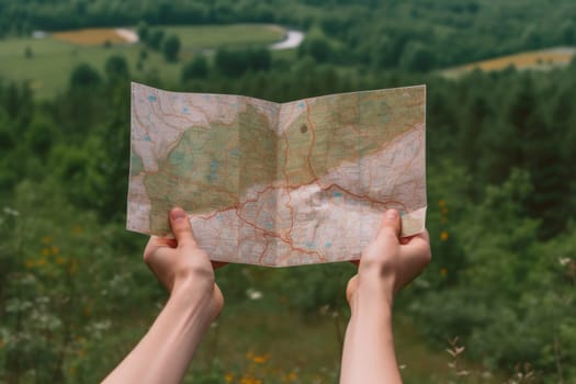 hand holding travel map, natural background, travel concept.