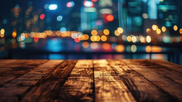Blank wood tabletop with blurred night city skyline and river, showcase, nightlife,.