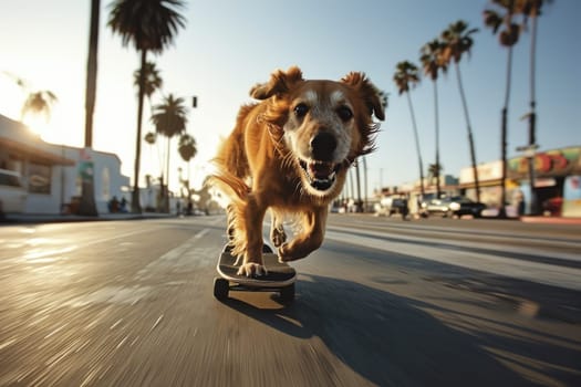 Skateboarding dog. Funny dog rides skateboard on the street in summer city.