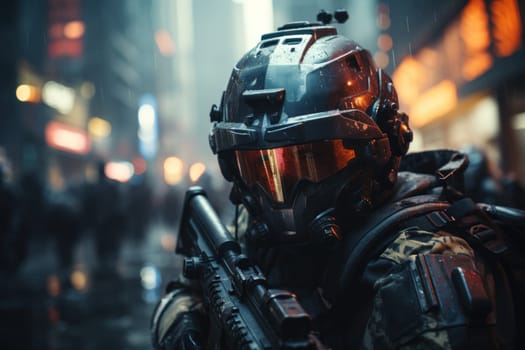 Futuristic special force soldiers, Cyberpunk warrior portrait in neon light background.