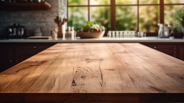 Empty brown wooden table top and blurred defocused modern kitchen background, AI Generative.