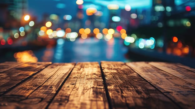 Blank wood tabletop with blurred night city skyline and river, showcase, nightlife,.