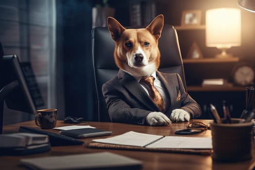 dog in a suit and tie works in the office, animal theme, AI Generative.