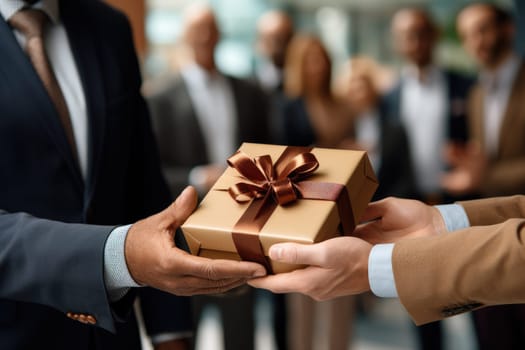 Close up view of hands Giving a business gift in an office AI Generative.