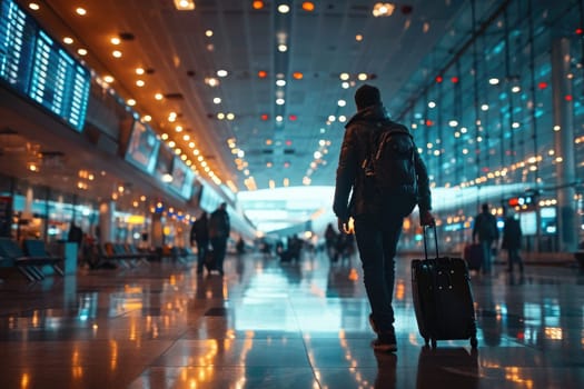 Traveling by airplane. Man walking with backpack and suitcase walking through airport terminal.