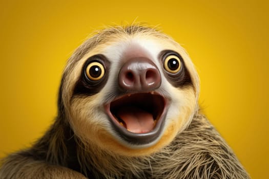 Funny surprised sloth studio shot isolated bright color background.